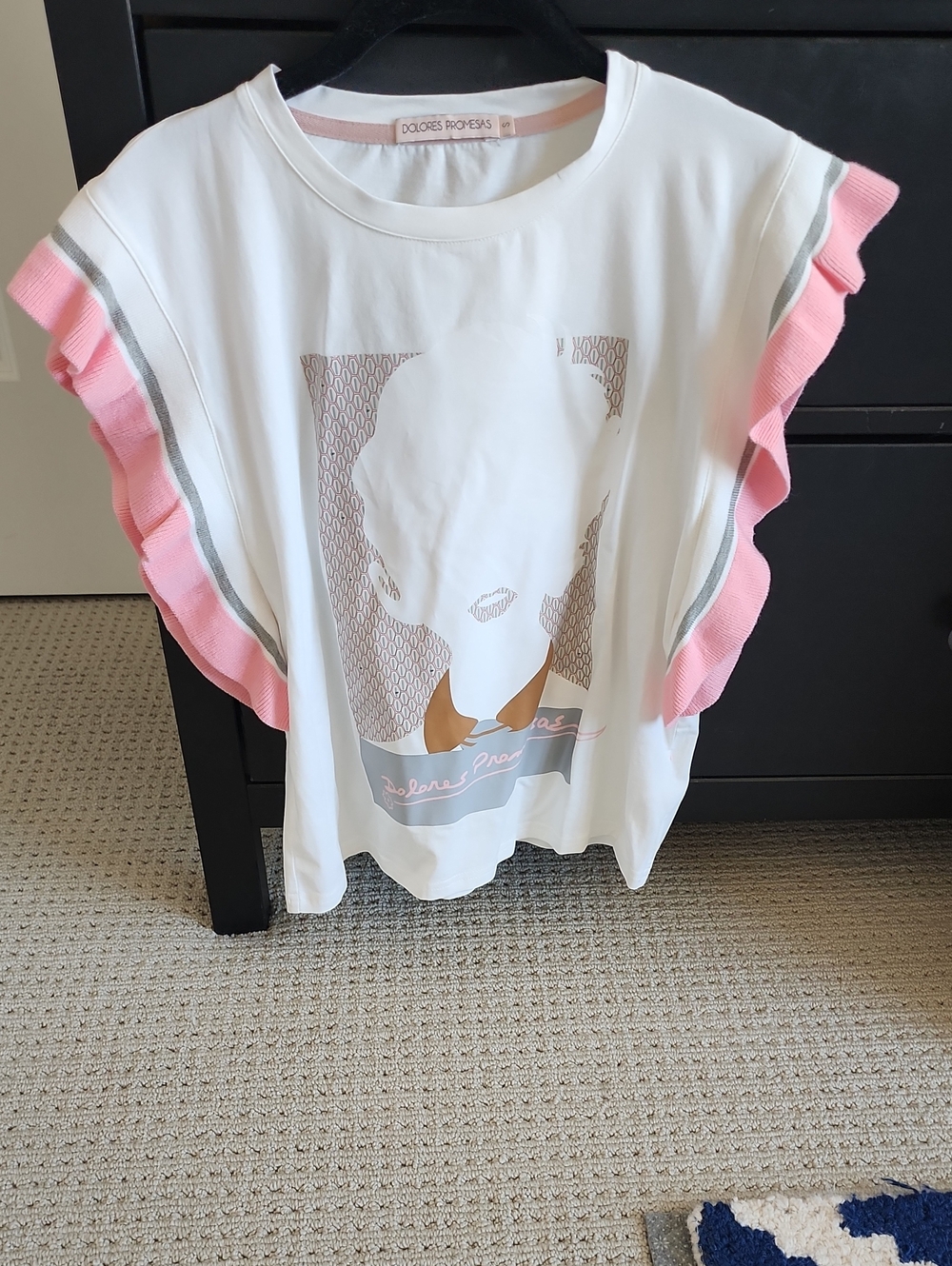 Dolores Promesas White Tee with Pink Ruffle Sleeves